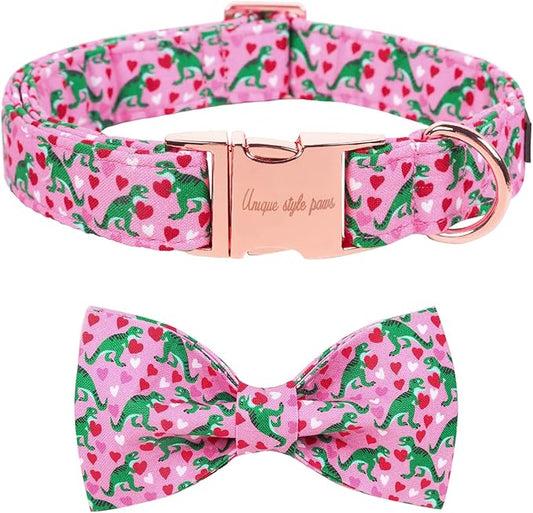 Unique style paws Dog Collar with Bowtie Pink Dinosaur & Heart Puppy Collar Suitable for Small Medium Large Dogs with Adjustable Safety Metal Buckle for Valentine's Day-XL