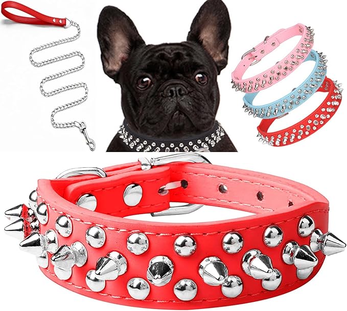 Spiked Dog Collar Soft Pu Leather Mushrooms Rivet Spike Studded Puppy Adjustable Pet Collars for Small Breeds (M, Red Set)
