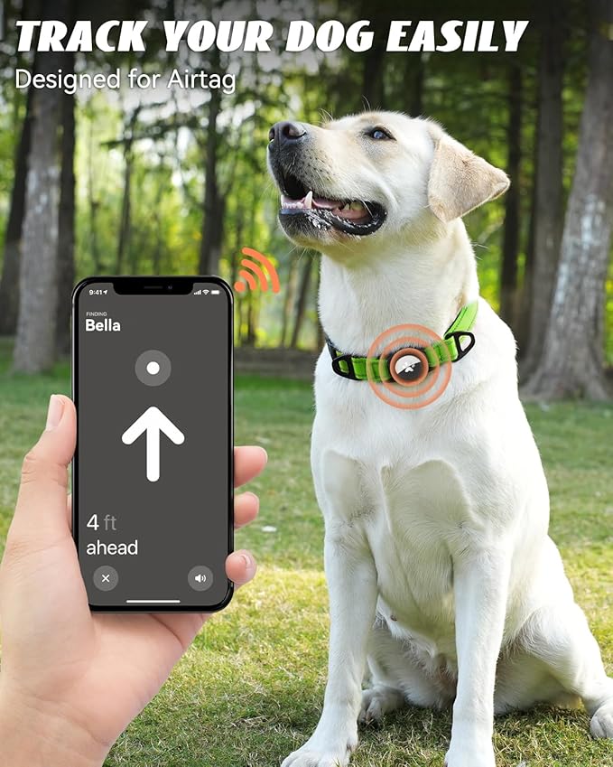 Joytale Airtag Dog Collar, Dual D-Rings, Reflective Pet Collar with Waterproof AirTag Holder, Soft Padded Adjustable for Medium Dogs, Green, M