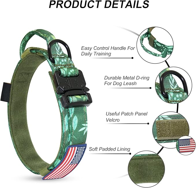 Hotsky Tactical Dog Collar, Adjustable Military Training Nylon Airtag Collar with Handle and Heavy Duty Metal Buckle for Medium Large Dogs, with Airtag Holder and Two Patches(Leaves,M)