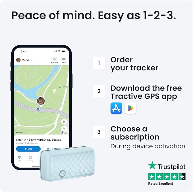 Tractive GPS Cat Tracker (6.5 lbs+), Real-time Pet Location Tracker, Health & Wellness Alerts, Battery Life Up to 7 Days, Breakaway Cat Collar Included (Mint)