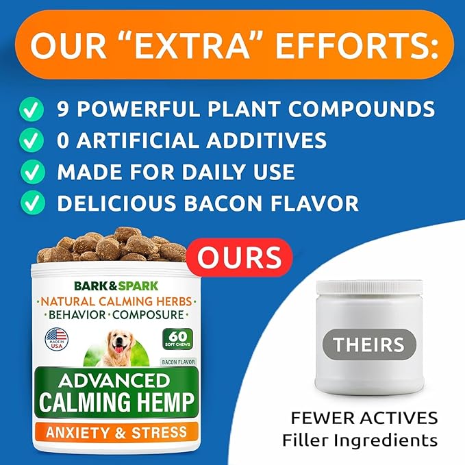 BARK&SPARK Advanced Calming Chews for Dogs - Hemp Chew + Melatonin - Anxiety Relief - Sleep Aid - Relaxing Treats - Stress Relief During Fireworks, Storms, Thunder, Barking - Made in USA - 60Ct