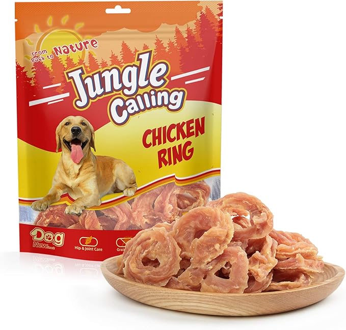 Jungle Calling Chicken Rings Dog Treats, Slow Roasted Chicken Jerky, Rawhide Free Dog Chews, High Protein Training Treats, Hip and Joint Health with Glucosamine, 10.6 oz