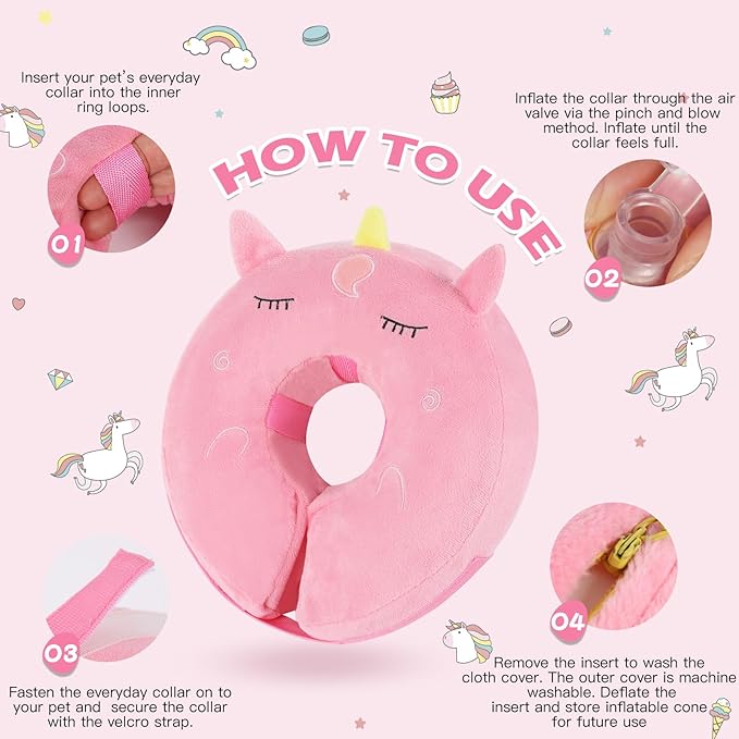 IEUUMLER Inflatable Recovery Dog Collar, Protective Donut Cone, Adjustable Soft Collar for Dog and Cat After Surgery Prevent from Biting & Scratching EU002 - Unicorn XL