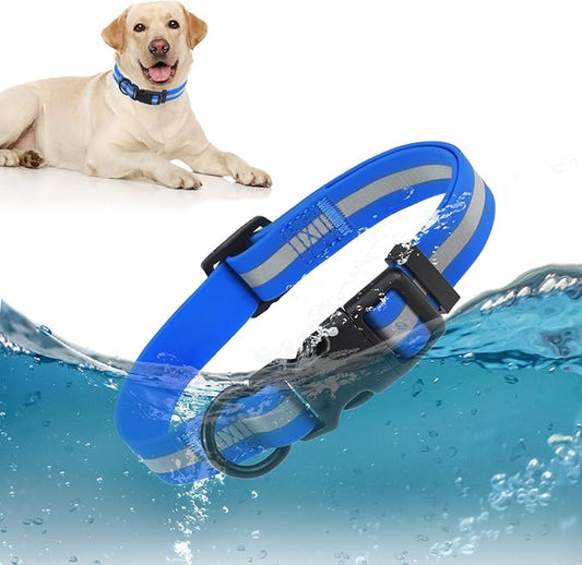 Waterproof Dog Collar, Soft Rubber with Safety Buckle - Adjustable Dog Collars for Large Small Medium Dogs Puppy, Heavy Duty Odor-Resistant Reflective Pet Collar, Blue M