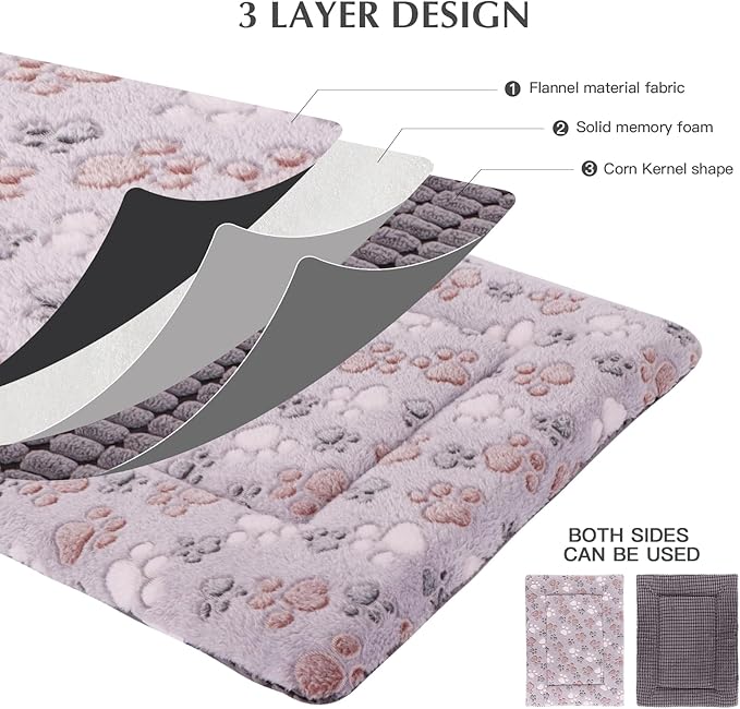 BVAGSS Reversible Dog Crate Pad & Memory Foam Dog Bed - Soft Warm Washable Pet Sleeping Mattress (24''x18''x1.6'', Grey Paw)