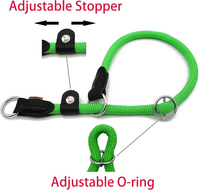 Braided Round Martingale Dog Collar, Training Collar with Slidable Stop Ring and Adjustable Stopper - Ideal for Small Dogs (S(1/4") - 14" Long, Light Green)