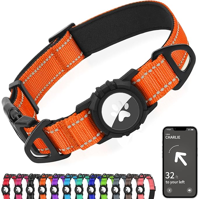 Joytale Airtag Dog Collar, Dual D-Rings, Reflective Pet Collar with Waterproof AirTag Holder, Soft Padded Adjustable for Small Dogs, Orange, S