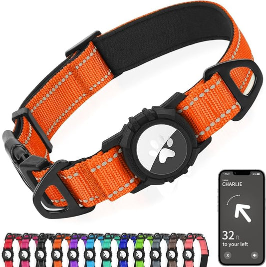 Joytale Airtag Dog Collar, Dual D-Rings, Reflective Pet Collar with Waterproof AirTag Holder, Soft Padded Adjustable for Small Dogs, Orange, S