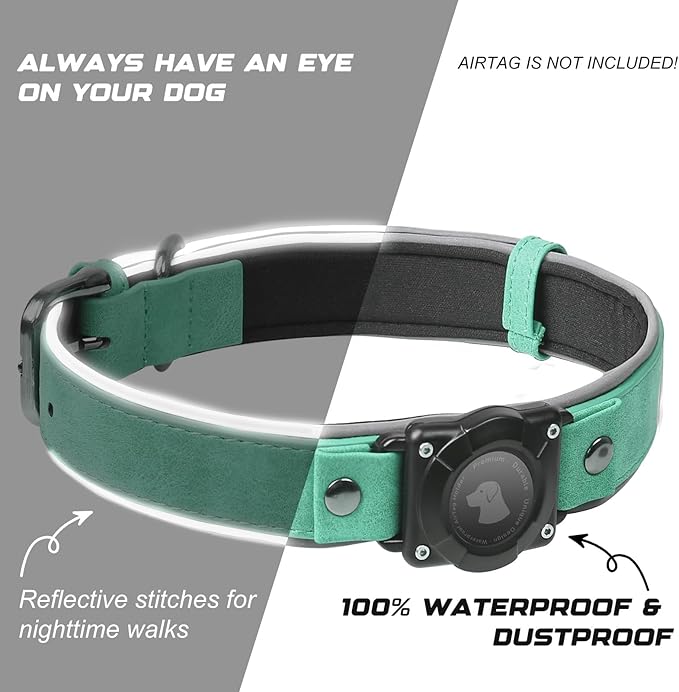AirTag Dog Collar - Leather Dog Collar with Air Tag Holder | IPX8 Waterproof, Reflective, High - End, Adjustable Soft Padded | Dog GPS Tracker Collars Fit for Medium Large Dogs (Teal, XL)
