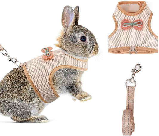 Rabbit Harness and Leash Set with Cute Bow tie Buckle Breathable Mesh Vest Harness for Rabbits Kitten Small Pets Pig Walking(M: Chest Girth 9.44-11.02IN, Khaki)