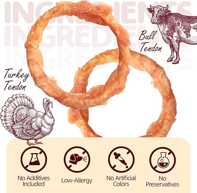 Turkey Tendons for Dogs, Medium Dogs Training Treats, Natural Long-Lasting Chews Sticks, High-Protein Beef Tendons, Healthy Hypoallergenic Beggin Ring【M】(6 Units/Pack, 4.66 oz)