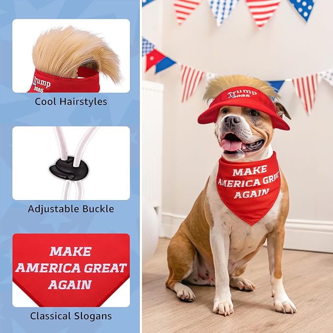 SCENEREAL 4th July Dog Costume Independence Day Pet Outfit Set Holiday Clothing Accessories Includes Dog Wig Hat, American Flag Cape and Patriotic Bandana for Medium Dogs