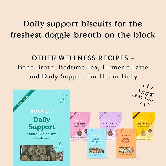Bocce's Bakery Breath Daily Support Treats for Dogs, Wheat-Free Dog Treats, Made with Real Ingredients, Baked in The USA, Supports Oral Health, All-Natural Apple & Mint Biscuits, 12 oz