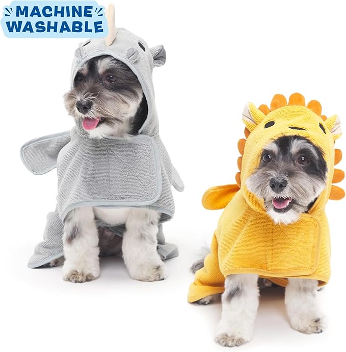 Barkbox Dog Bathrobe Bundle Fast Drying with Hook and Loop Closure & Wrap Tie Snuggle, Easy to Clean, Machine Washable, Dog Coats and Tumble Dry Low - Lion/Rhino, Small
