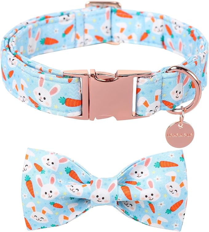 Easter Dog Collar With Bow Tie, Cotton Carrot Bowtie for Large Girl Boy Dog, Cute Bunny Pet Collar With Metal Buckle, Gift, M