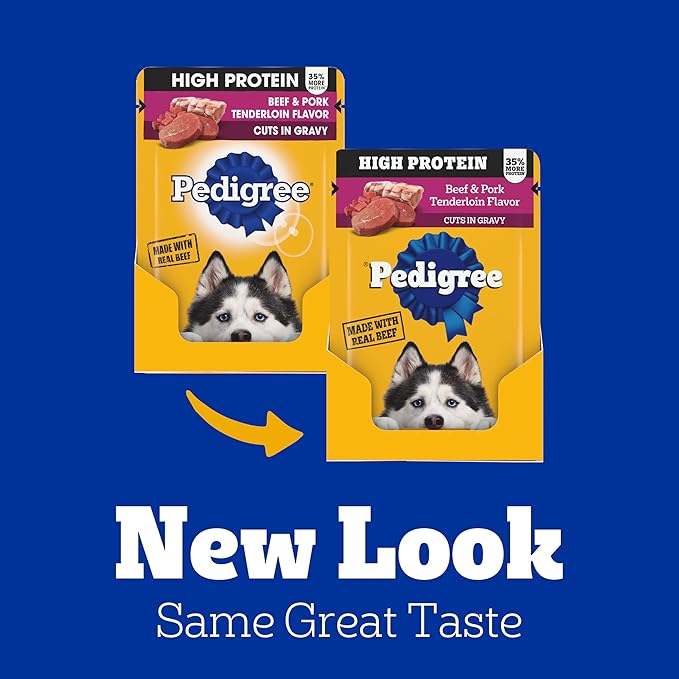 Pedigree High Protein Wet Dog Food Pouches, Beef and Pork Tenderloin Flavor Cuts in Gravy, 3.5 oz. Pouches, 16 Count