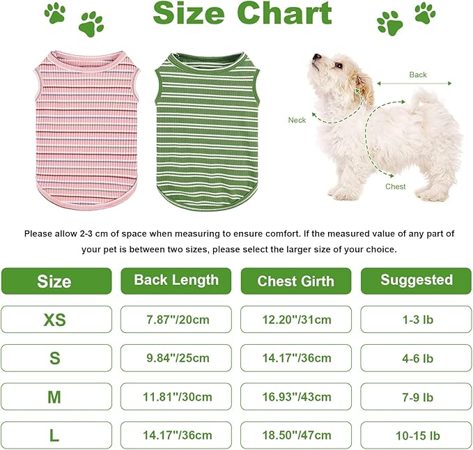2Pack Dog Shirts for Small Dogs Girl Boy Striped Dog Shirt Vest Soft Stretchy Puppy Clothes Sleeveless Colorful Sweatshirt Small Puppy Outfit for Chihuahua Yorkie, Pink+Green, M