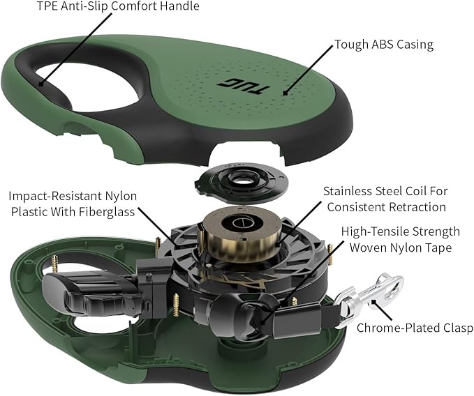 TUG 360° Tangle-Free Retractable Dog Leash with Anti-Slip Handle | 16 ft Strong Nylon Tape | One-Handed Brake, Pause, Lock (Medium, Green)