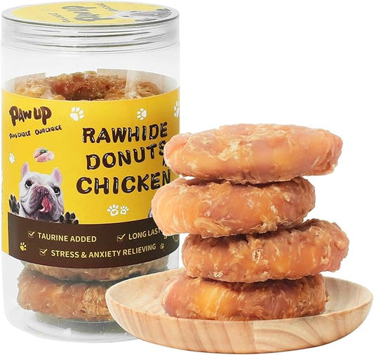 Dog Treat Chicken Wrapped Rawhide (4pcs) for Large Dogs, Long Lasting Dog Treat Ring w/Taurine for Aggressive Chewer, 12.5oz
