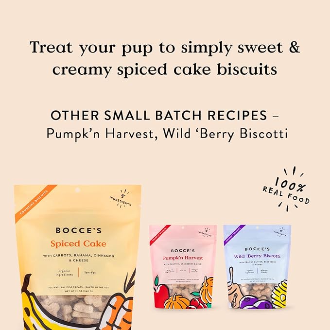 Bocce's Bakery All-Natural, Small Batch, Organic Dog Treats, Spiced Cake Biscuits, Wheat-Free, Limited-Ingredient, Made in The USA with 100% Recyclable Packaging, 12 oz Bag