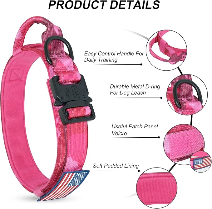 Hotsky Tactical Dog Collar, Adjustable Military Training Nylon Airtag Collar with Handle and Heavy Duty Metal Buckle for Medium Large Dogs, with Airtag Holder and Two Patches(Hotpink Camo,XL)