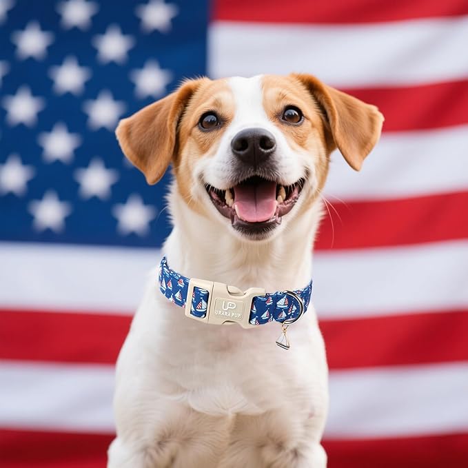 USA Flag Dog Collar, 4th of July Comfortable Cotton Dog Collars, American Flag Collar for Medium Girl Boy Dogs, Patriotic Collars with Sailboats Pattern