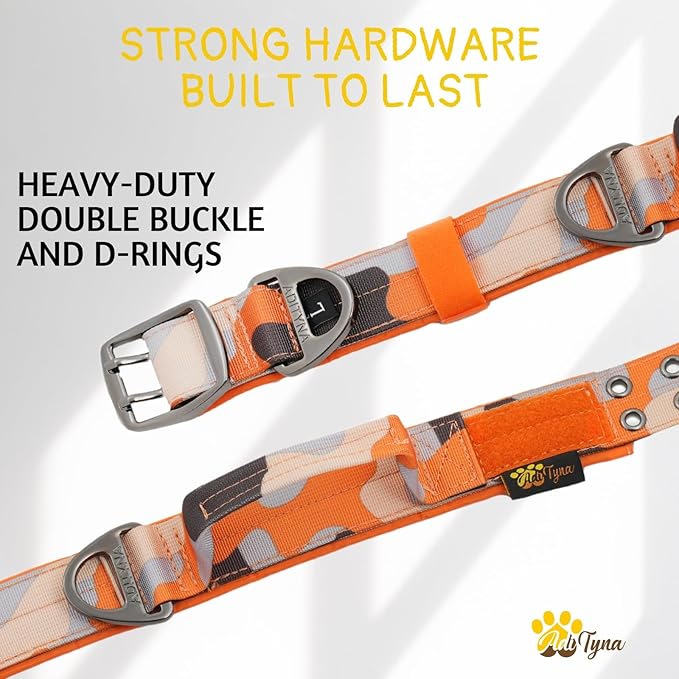 ADITYNA Heavy Duty Dog Collar for Large Dogs - Camo Orange Collar with Handle for Training, and Walking - Wide, Thick, Tactical, Soft Neoprene Padded