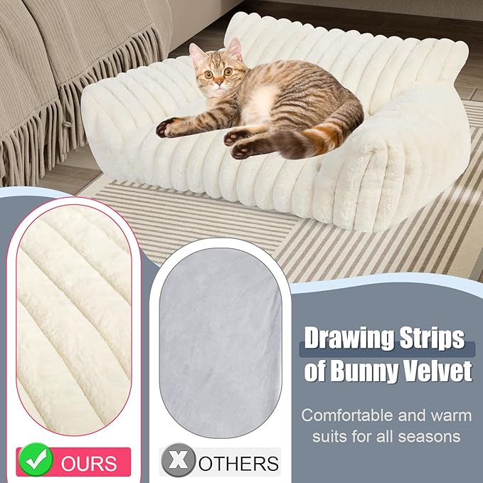 Cute Cat Couch Bed for Indoor Cats, Fluffy Pet Cat Sofa with Premium Soft Corduroy Fleece, Cute Small Dog Beds for Small Dogs, Fuzzy Puppy Chair with Removable Washable Cover (30x20x10,Cream)