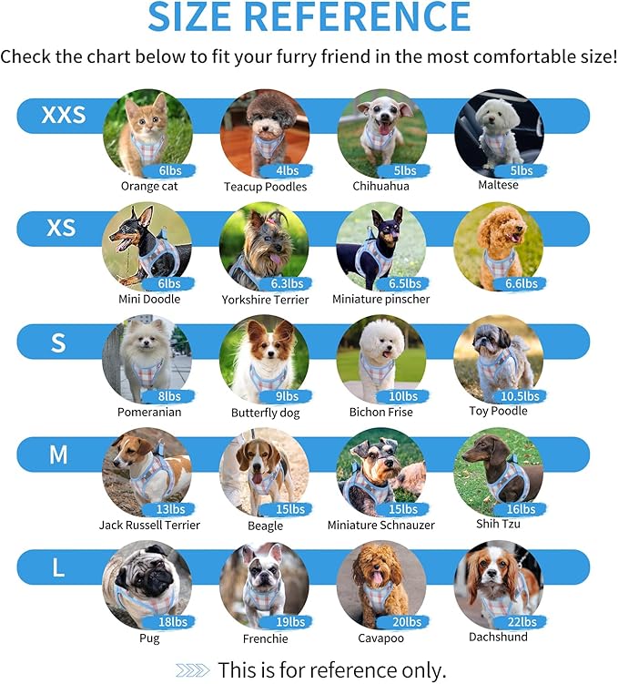 voopet Extra Small Dog Harness and Leash Lightweight Cat Comfort Padded Soft Mesh Vest Step in Dog Harness No Pull No Choke Reflective Small Plaid Girl & Boy Puppy Kitty Walking Harness, Blue XXS