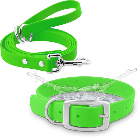 Regal Dog Products Small Light Green Waterproof Dog Collar and Leash Set | Heavy Duty Double Buckle & D Ring - 5'ft Leash | Adjustable Biothane Dog Collar | Chew Resistant Waterproof Collar for Dogs
