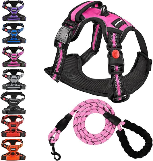 No Pull Dog Harness with A Free Heavy Duty 5ft Dog Leash, Adjustable Soft Padded Dog Vest, Reflective No-Choke Pet Oxford Vest with Easy Control Handle and Dog Leash for Dogs (Pink, Medium)