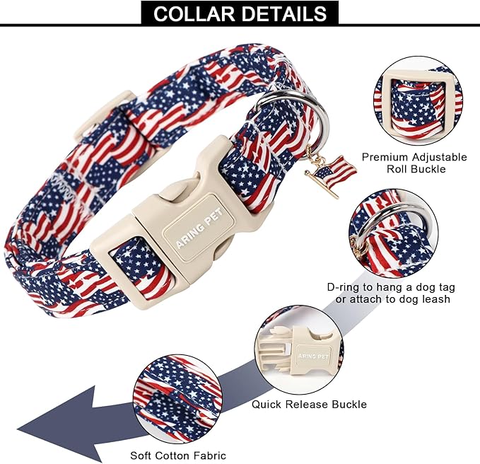 ARING PET American Flag Dog Collar-Cute 4th of July Dog Collars, Adjustable Patriotic Pet Collars Puppy Collar with Quick Release Buckle