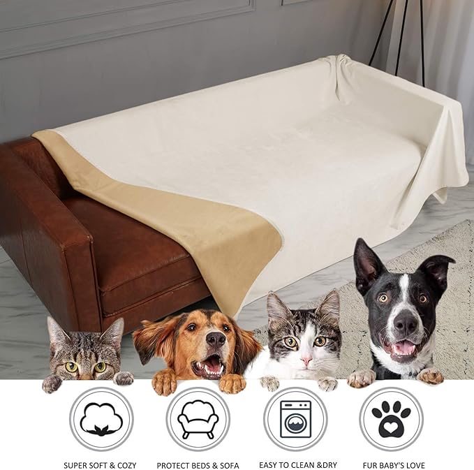 Ameritex Pet Bed Blanket Reversible 100% Waterproof Velvet Super Soft for Sofa and Bed (40x60 Inches, Cream+Sand)