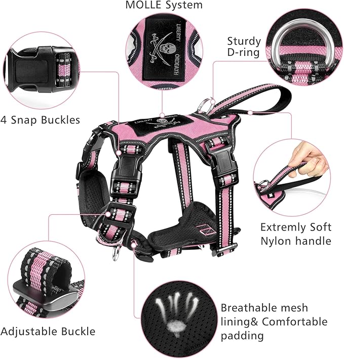 WINSEE Pet Harness Collar and Leash Set, All-in-one Reflective Dog Harness No Pull with Adjustable Buckles for Puppies, Small, Medium, Large, and Extra-Large Dogs (X-Large, Pink)