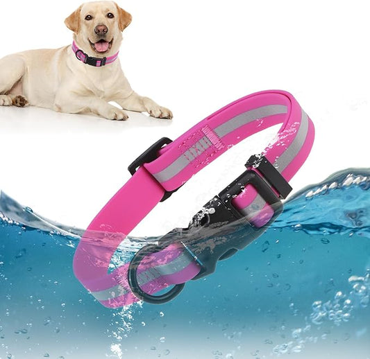 Waterproof Dog Collar, Soft Rubber with Safety Buckle - Adjustable Dog Collars for Large Small Medium Dogs Puppy, Heavy Duty Odor-Resistant Reflective Pet Collar, Purple L