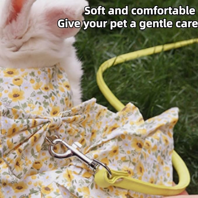 Rabbit Leash and Harness Set Adjustable Bunny Dress Rabbit Clothes Outfit for Small Pet Ferret Guinea Pig Squirrel Hamster (Yellow,L)