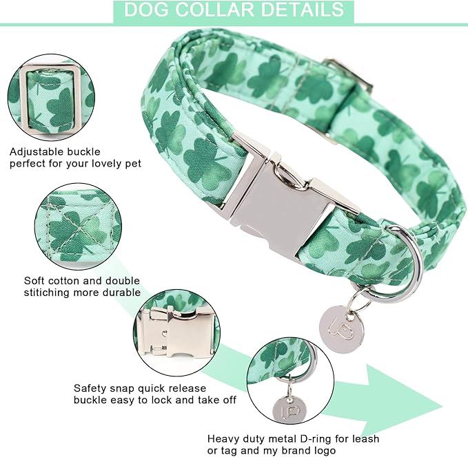 St. Patrick's Dog Collar, Cotton St. Patricks Clover Collar for Puppy Girl Boy Dog or Cat, Lucky Shamrock Dog Collar with Metal Buckle, Green, Spring, XS