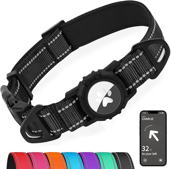 Joytale Airtag Dog Collar, Dual D-Rings, Reflective Pet Collar with Waterproof AirTag Holder, Soft Padded Adjustable for Medium Dogs, Black, M