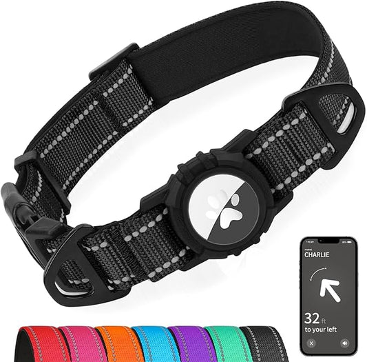 Joytale Airtag Dog Collar, Dual D-Rings, Reflective Pet Collar with Waterproof AirTag Holder, Soft Padded Adjustable for Medium Dogs, Black, M