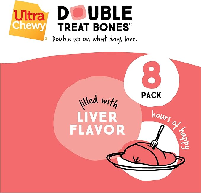 Ultra Chewy Double Treat Bones: Long-Lasting Dog Treats Made in USA for Large and Small Breeds, Highly Digestible, Ideal for Aggressive Chewers (Liver, 2 Value Packs)