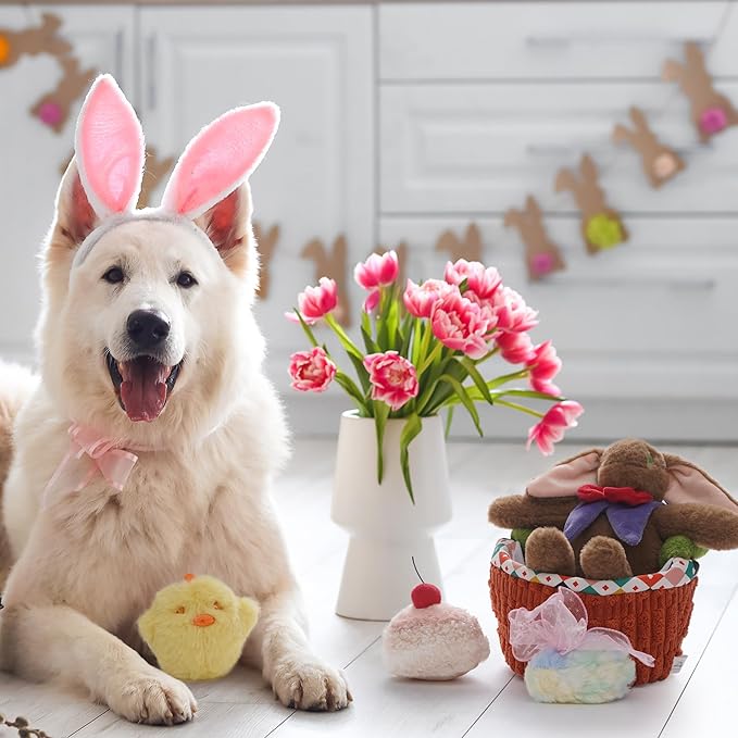 Nocciola 5 Pack Easter Dog Toys with a Basket - Durable Stuffed Plush Dog Squeaky Puppy Toys for Small, Medium and Large Breeds, Easter Gift with Easter Egg & Rabbit & Chick & Cake