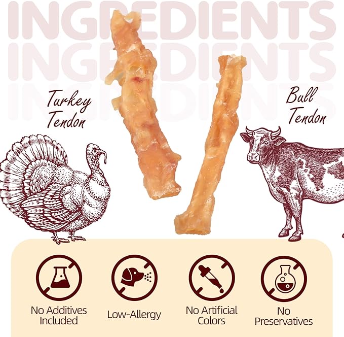Turkey Tendons for Dogs, Small Dogs Training Treats, Natural Long-Lasting Chews Sticks, High-Protein Beef Tendons, Healthy Hypoallergenic Beggin Stick (Mini, 4.23 oz)