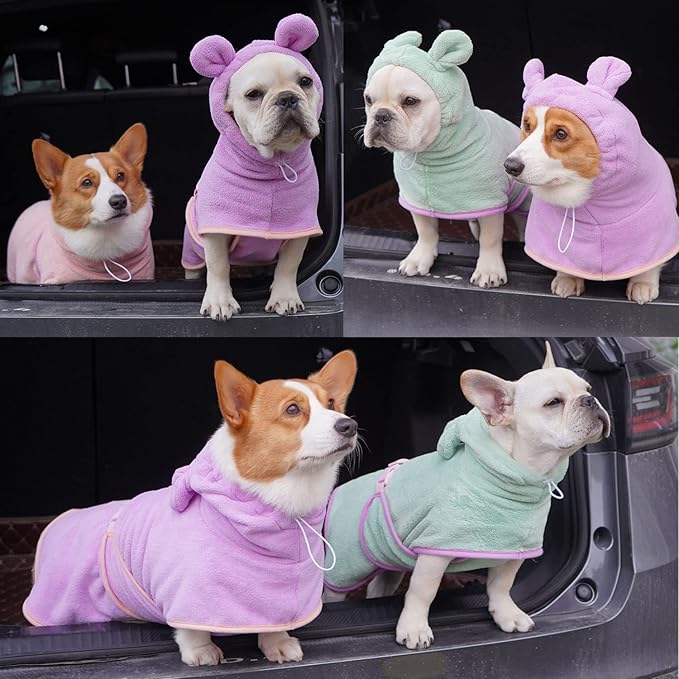 Dog Bathrobe, Microfiber Fast Drying Absorbent Hooded Bath Towel for Puppy Small Medium Large Dog Cat(Green,S)