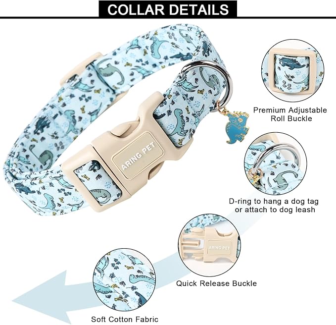 ARING PET Dinosaur Dog Collar-Cute Spring Blue Dog Collars, Adjustable Dinosaurs Print Pet Collars Puppy Collar with Quick Release Buckle