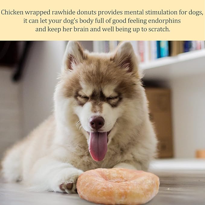 Dog Treats Large Breed, Chicken Wrapped Rawhide Donuts Ring Rawhide Dog Chews Long Lasting Grain Free Snacks with Taurine for Medium Large Dogs 4 Counts