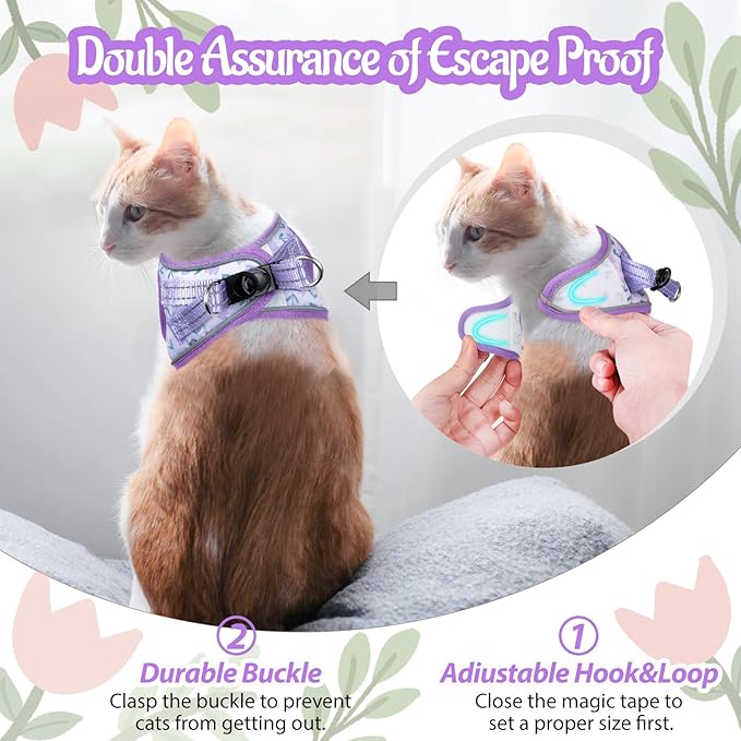 Cat Harness and Leash Escape Proof for Walking, Adjustable Soft Kitten Harness with Reflective Straps Step in Cat Vest Harness for Small Kitten and XS Dogs (Purple, M-Chest(14.5"-16.3"))