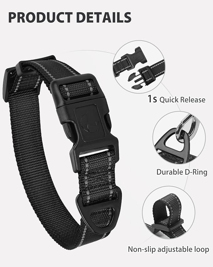 Joytale Small Dog Collar, Reflective and Adjustable Nylon Collar with Quick-Release Buckle, Lightweight No-Choke Design for Small Dogs, Black, 3/4" Width