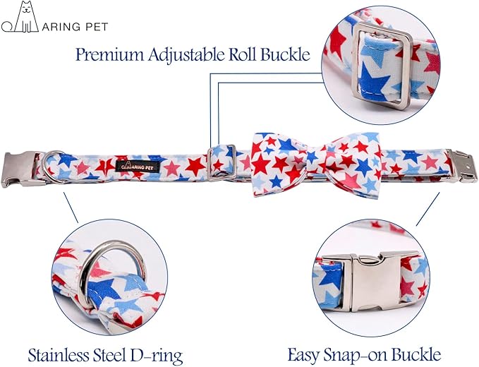 ARING PET American Flag Dog Collar, Cute Bowtie Dog Collars with Metal Buckle, Red White Blue Star Pet Collar Bow Tie for Small Meduim Large Dogs