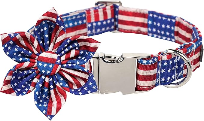 Lionet Paws Patriotic Female Dog Collar with Flower, 4th of July, Soft and Comfortable Adjustable American Flag Collar for Puppies and Cats, XS, Neck 8-12 inches